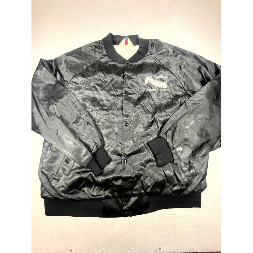 VTG West Ark Satin Bomber Jacket Mens 3XL Black Ribbed Montana Jaycees Graphic
